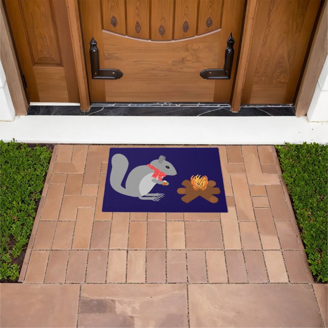 Christmas Squirrel Roasting Hazelnuts on Log Fire Doormat (Outdoor)