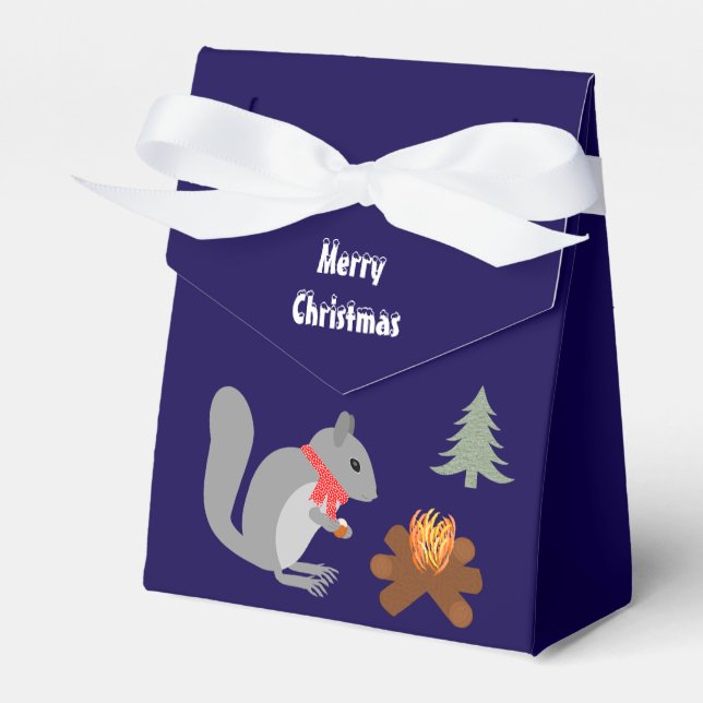 Christmas Squirrel Roasting Hazelnuts on Log Fire Favor Box (Front Side)