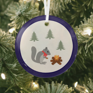 Christmas Squirrel Roasting Hazelnuts on Log Fire Glass Ornament