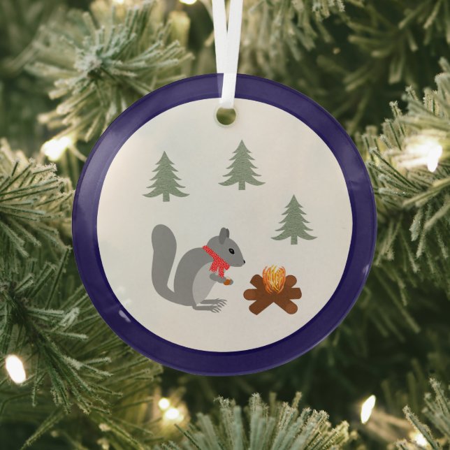 Christmas Squirrel Roasting Hazelnuts on Log Fire Glass Ornament (Insitu)