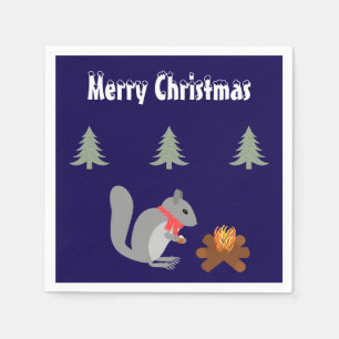 Christmas Squirrel Roasting Hazelnuts on Log Fire Napkin