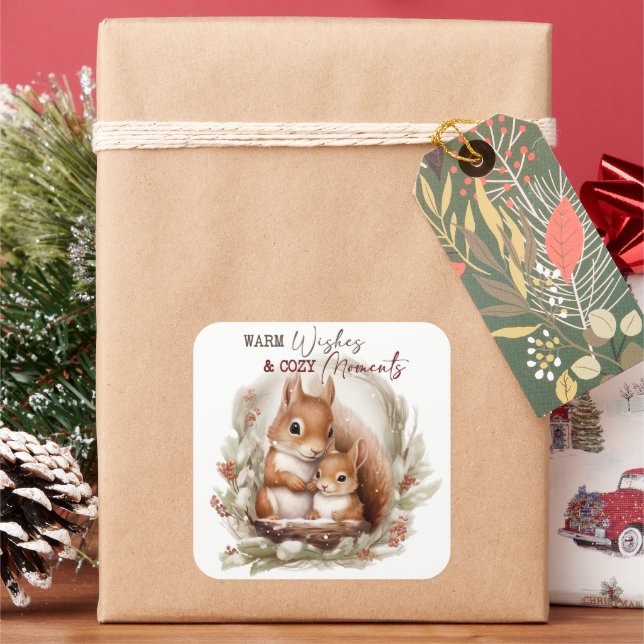 christmas squirrel warm wishes cozy moments square sticker (Holiday)