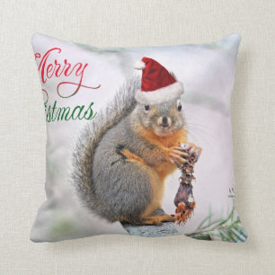 Christmas Squirrel Wearing Santa Claus Hat Throw Pillow
