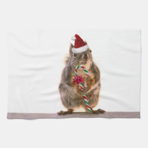 Christmas Squirrel with Candy Cane Kitchen Towel