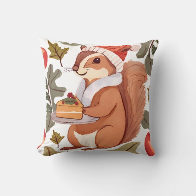 Christmas Squirrel With Dessert Winter Holiday Throw Pillow (Front)