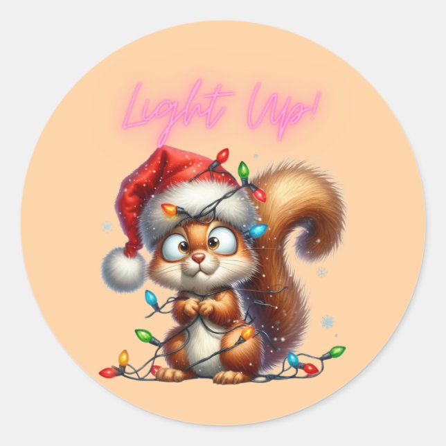 Christmas Squirrel with Festive Lights Card Classic Round Sticker (Front)