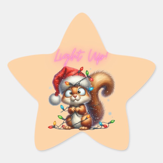 Christmas Squirrel with Festive Lights Card Star Sticker (Front)