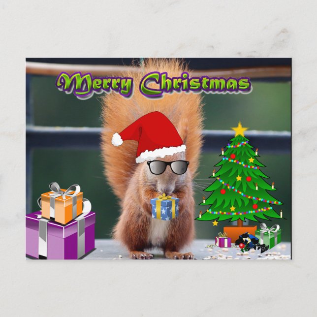 Christmas Squirrel with gifts and tree Postcard (Front)