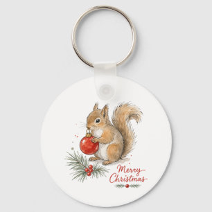 Christmas Squirrel with Red Ornament Keychain