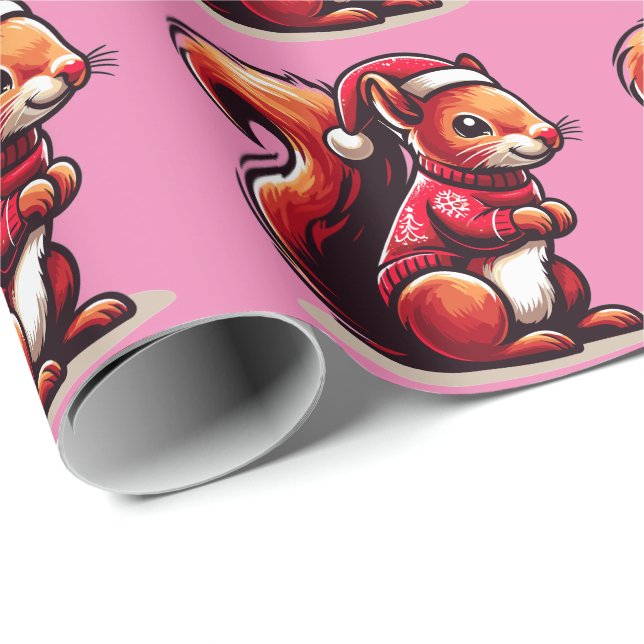 Christmas Squirrel with Santa Hat, Xmas Squirrel Wrapping Paper (Roll Corner)