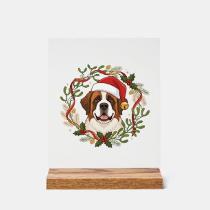 Christmas St Bernard Dog Santa Hat Wreath Acrylic Sign