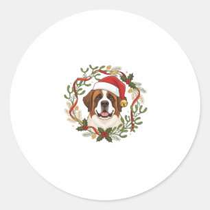 Christmas St Bernard Dog Santa Hat Wreath Classic Round Sticker
