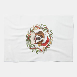 Christmas St Bernard Dog Santa Hat Wreath Kitchen Towel