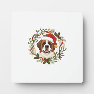 Christmas St Bernard Dog Santa Hat Wreath Plaque