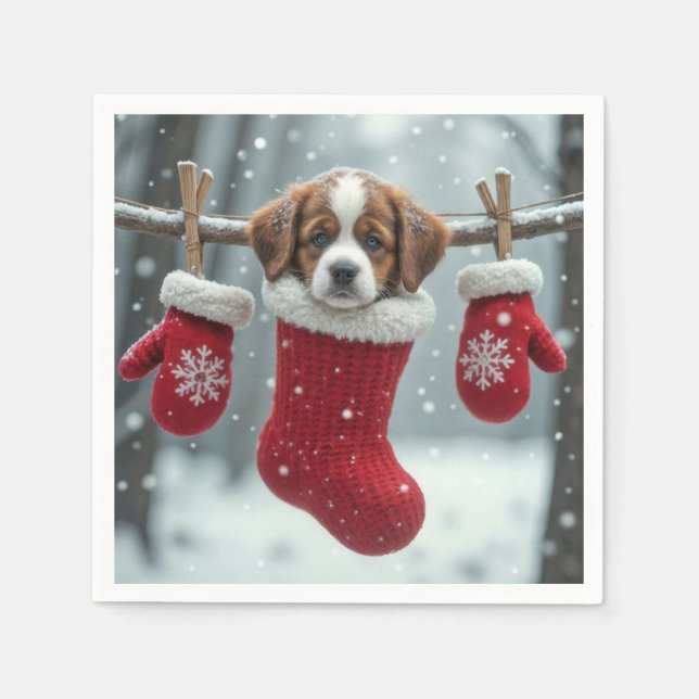 Christmas St. Bernard Puppy In a Red Stocking Napkin (Front)