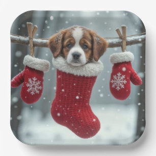 Christmas St. Bernard Puppy In a Red Stocking Paper Plate