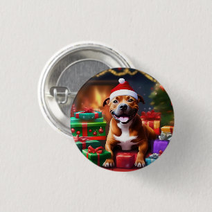 Christmas Staffordshire Bull Terrier,  1 Inch Round Button