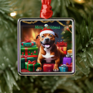 Christmas Staffordshire Bull Terrier, Metal Ornament