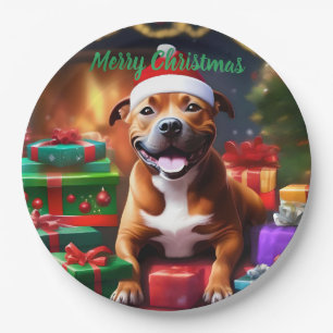Christmas Staffordshire Bull Terrier,   Paper Plate