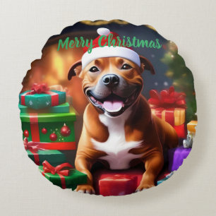 Christmas Staffordshire Bull Terrier,   Round Pillow