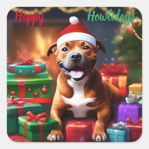 Christmas Staffordshire Bull Terrier, Square Sticker