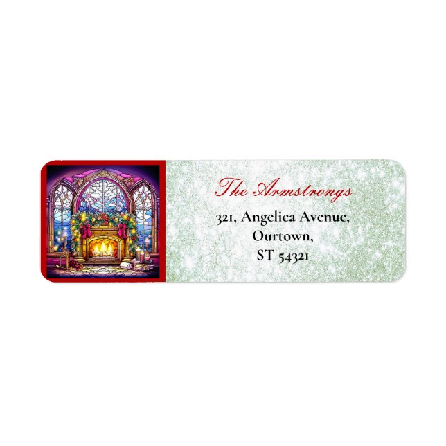 Christmas Stained Glass Fireplace Green Glitter (Front)