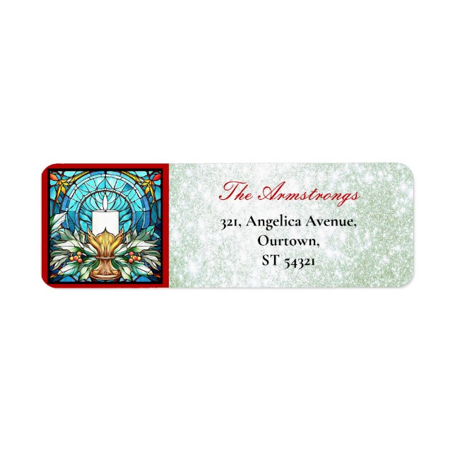 Christmas Stained Glass Holly Candle Green Glitter (Front)