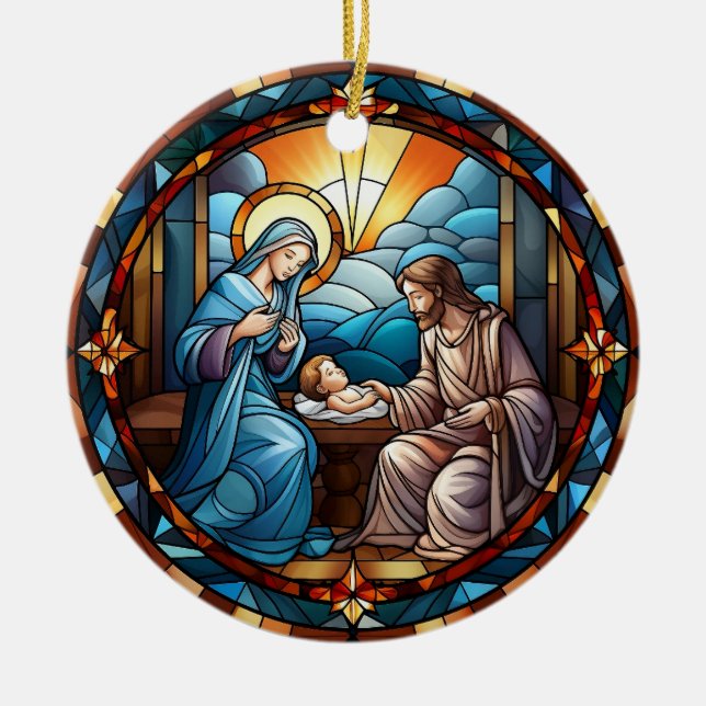 Christmas Stained Glass Nativity Scene Ceramic Ornament (Front)