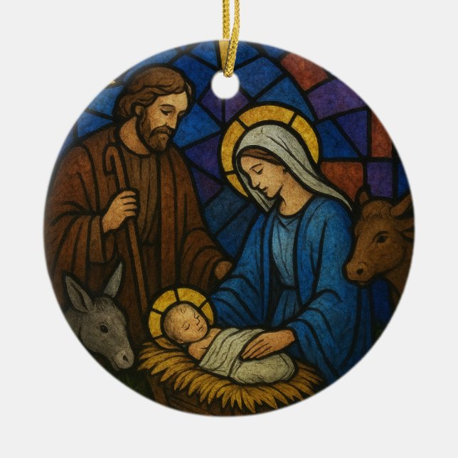 Christmas  Stained Glass Nativity Scene  Ceramic Ornament (Front)
