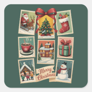 Christmas Stamp Holiday Postage Stamps Retro Santa Square Sticker