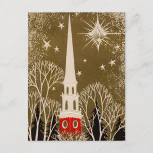 Christmas Star and Steeple on Gold Holiday Postcard