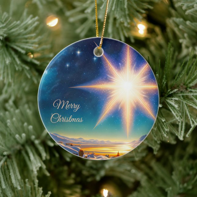 Christmas star, charming winter landscape at night ceramic ornament (Tree)
