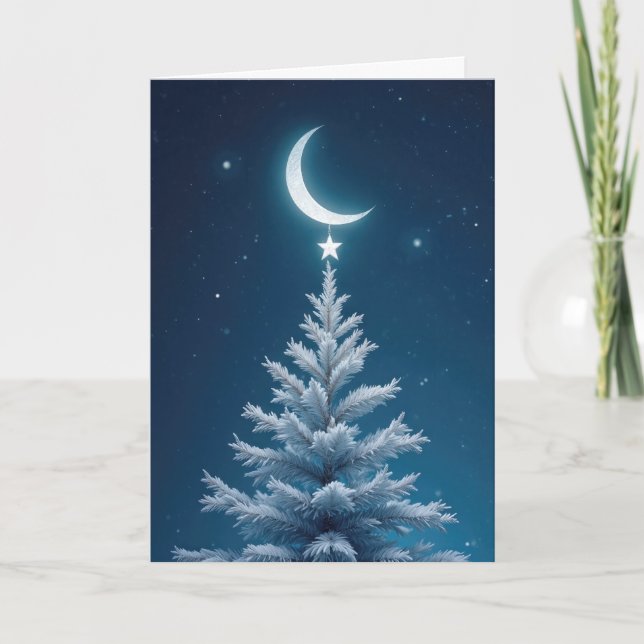 Christmas Star Dangling From a Crescent Moon Holiday Card (Front)