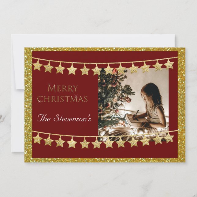 Christmas Star Garland Photo Red Name Personalize Holiday Card (Front)