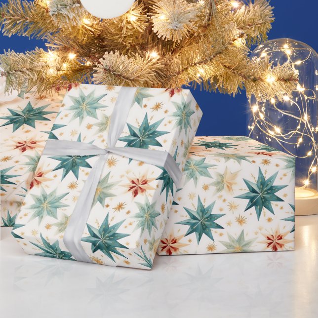 Christmas Star Ornaments Green Gold Christmas Wrapping Paper (Holidays)