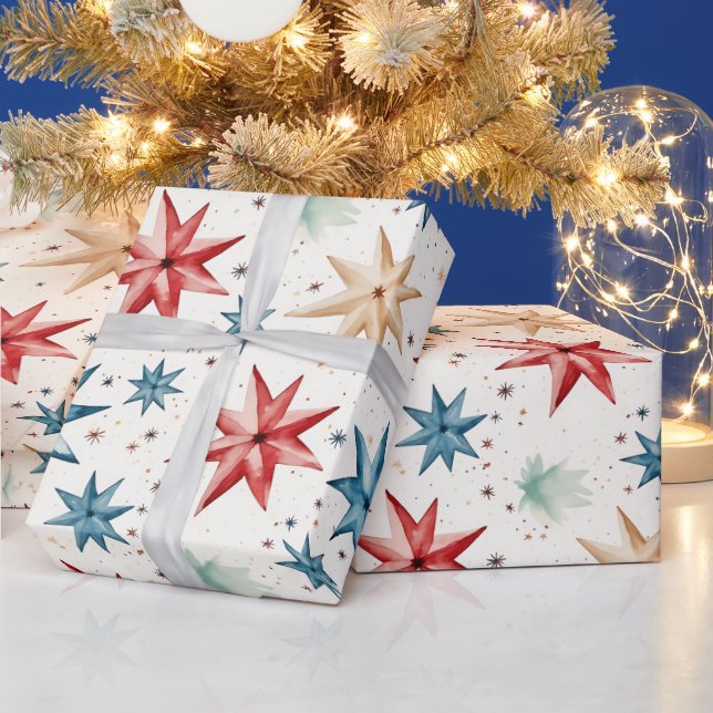 Christmas Star Ornaments Red Blue Modern Christmas Wrapping Paper (Holidays)