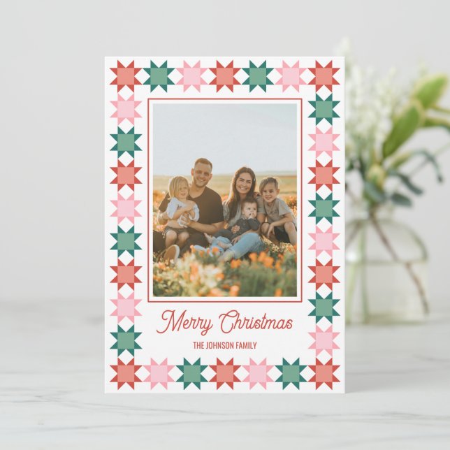 Christmas star patchwork framed Holiday photo card (Standing Front)