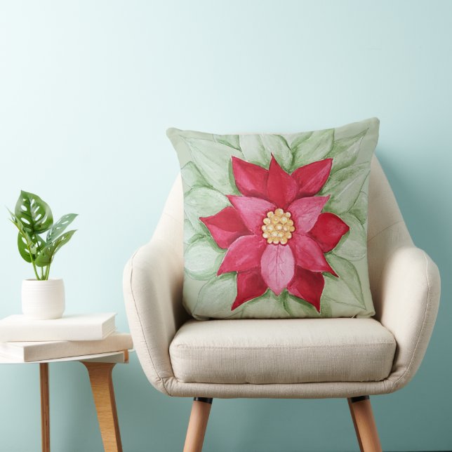 Christmas Star Poinsettia Watercolor Hand-painted Throw Pillow (Chair)