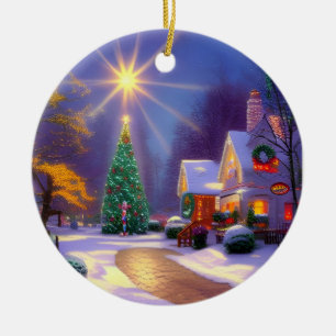Christmas Star Shining Over a Christmas Tree Ceramic Ornament