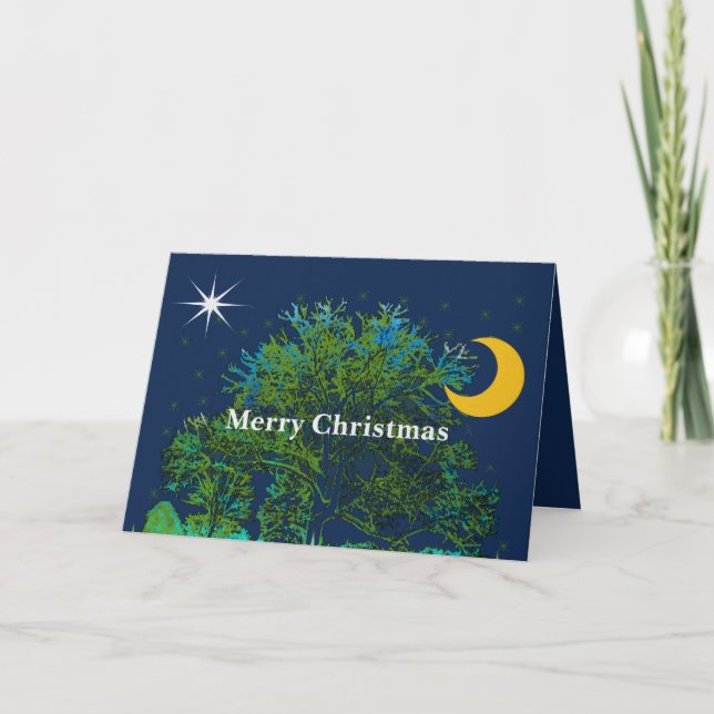 Christmas Star Tree Blues Celestial Crescent Moon Holiday Card (Front)