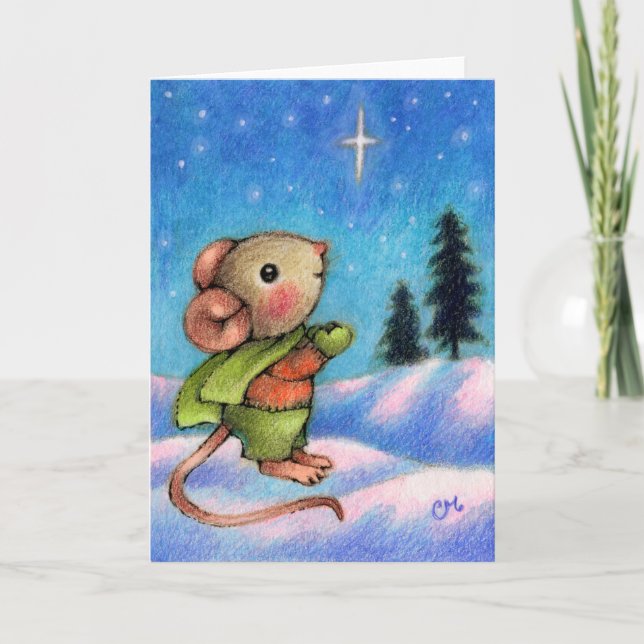 Christmas Star Wish - Cute Holiday Mouse Art Card (Front)