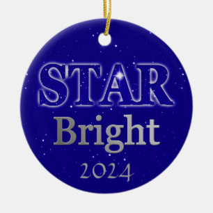 Christmas Star Word Art Deep Blue and Silver  Ceramic Ornament