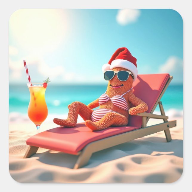 Christmas Starfish Sunbathing In a Bikini Square Sticker (Front)