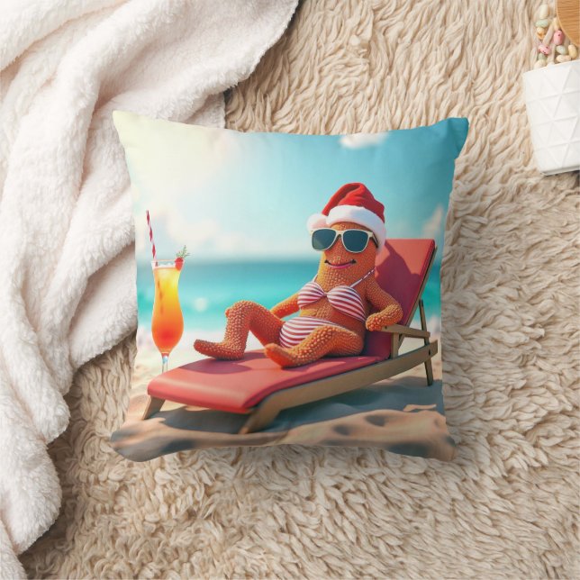 Christmas Starfish Sunbathing In a Bikini Throw Pillow (Blanket)