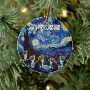 Christmas Starry Night Van Gogh Cat Lover Ceramic Ornament