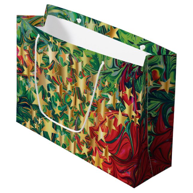 CHRISTMAS STARS Abstract Red Green Gold Festive Large Gift Bag (Front Angled)