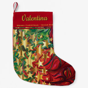 CHRISTMAS STARS Customizable Red Green Faux Gold Small Christmas Stocking