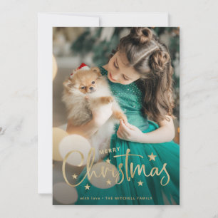 Christmas Stars Gold Handwritten Script Photo Holiday Card
