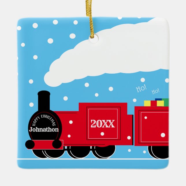 Christmas steam train in snow ceramic ornament (Front)