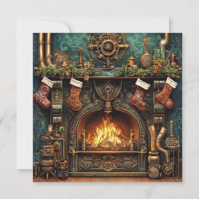 Christmas Steampunk Fireplace Greeting Card (Front)